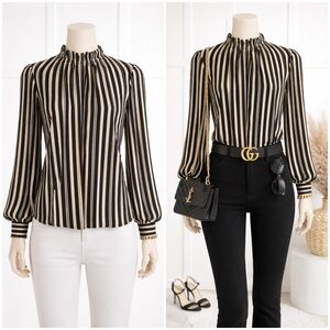Adrianna Papell Black & Ivory Striped Ruffle Neck Blouse | NWT | Size M